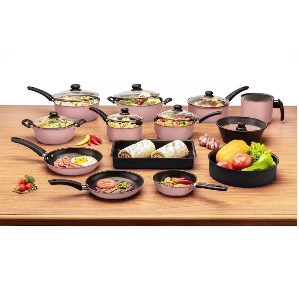 Conjunto antiaderente de panelas frigideiras cacarolas 13 peças vermelho rosa preto jogo artigo de cozinha multifusional Anti Aderente ultensilio Teflon Preto Black