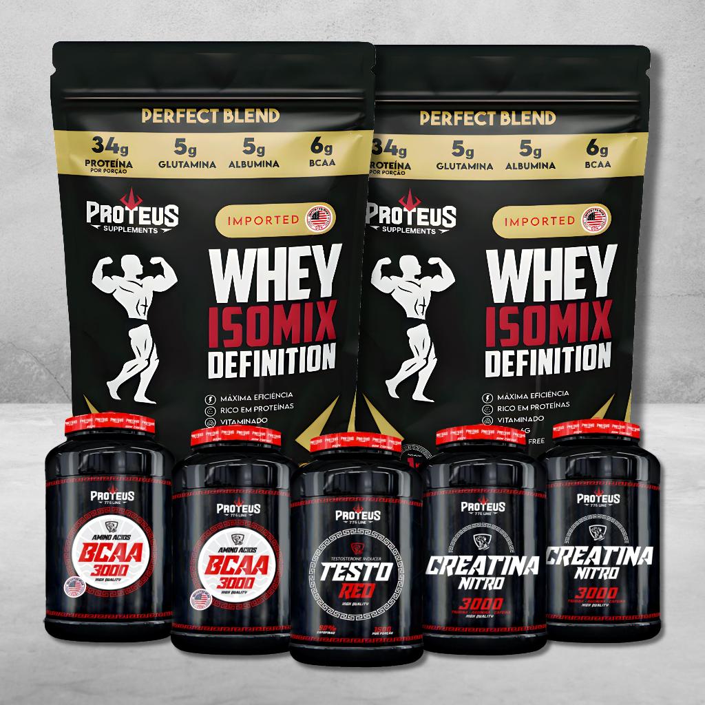 kit Whey Protein Mix 34gr Sache 2kg + Termogênico Testo + Creatina + BCAA – 7 Produtos