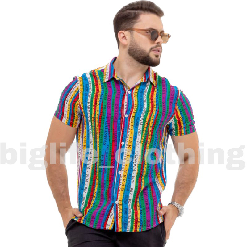 camisa masculina listrada FITINHA do Bom Fim De Viscose manga Curta de Botão