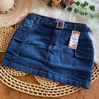Saia jeans feminino plus size curta cintura alta com cinto com lycra 46 a 54 modelo curve