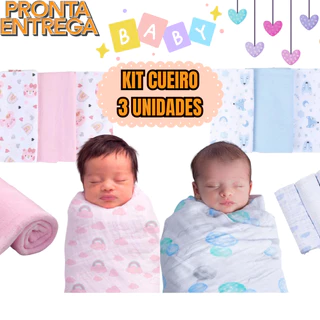 Kit 3 Cueiro Flanelado Estampado 50 x 80 Infantil Enxoval Bebê Menino Menina Rosa E Azul