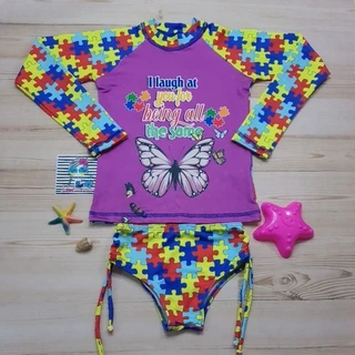 Biquíni Infantil Autismo com Blusa de proteção solar UV50+ Borboleta Conjunto Praia Verão Envio Imediato