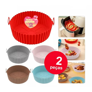 KIT 2 Bandeja Forma De Silicone Redondo Para Air Fryer Forno Microondas Fritadeira Assadeira Reutilizável Antiaderente Flexível