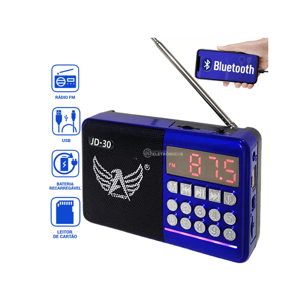 mini Rádio Fm Portátil Bluetooth com Display digital Entrada Usb SD