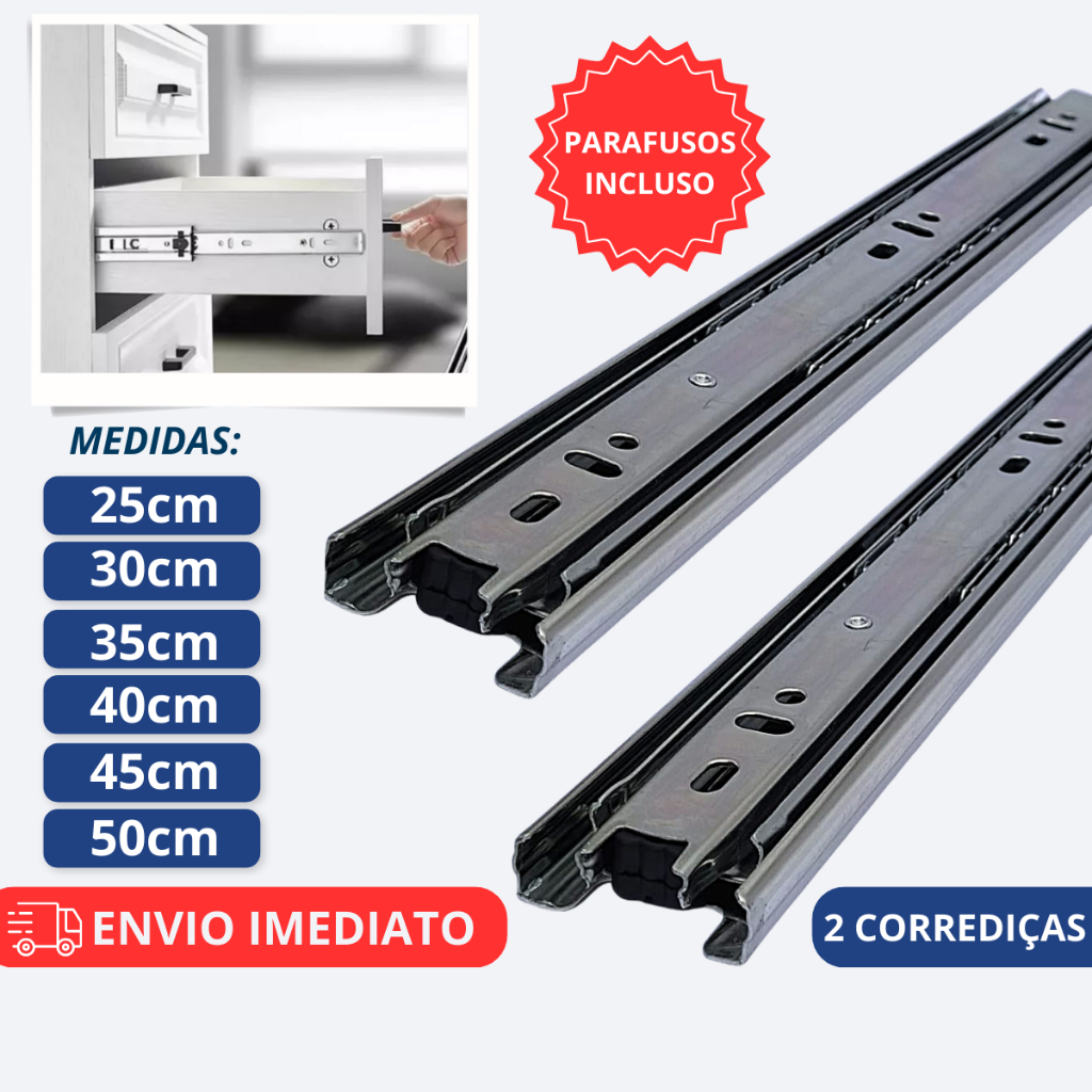 Corrediça Telescópica Trilho De Gaveta Com Parafusos 25cm 30cm 35cm 40cm 45cm 50cm