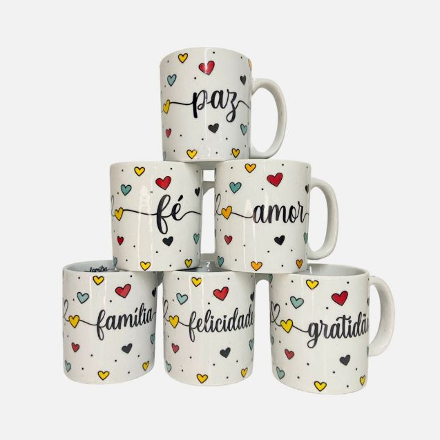 CONJUNTO COM 6 CANECAS PORCELANA BRANCA DECORADA FAIXA 280 ML