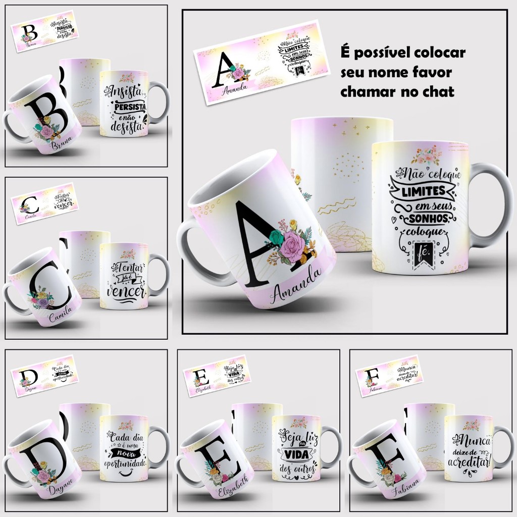 Caneca personalizada com nome e letra florida e frase motivacional ...