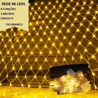 96 leds Rede Fio Branco Pisca Pisca Uso Interno 3 Metros 110v e 8 Funções Decoração Natalina Luzes