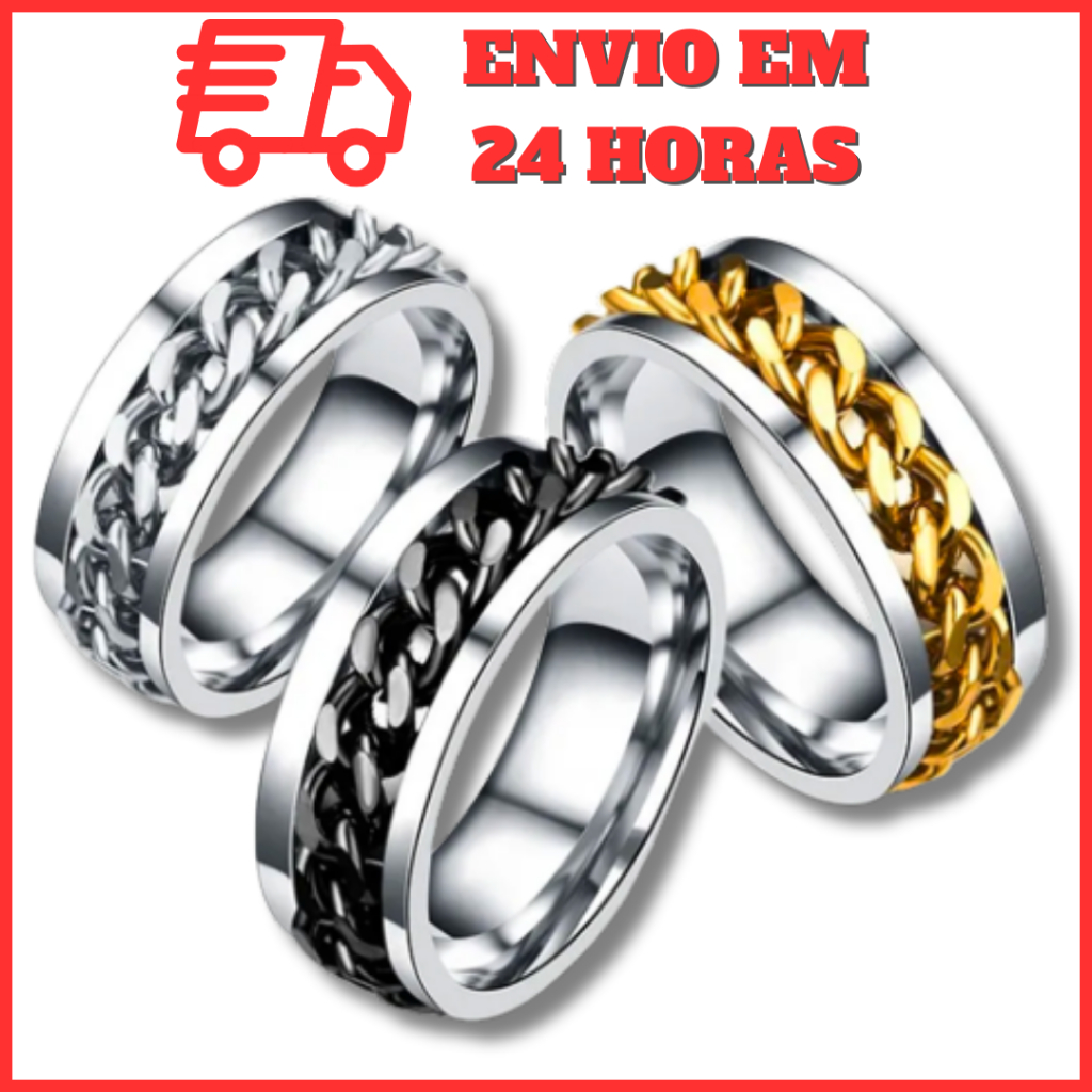 Anel Masculino Preto com Corrente de Aço Inoxidável Inox Prata Moda Acessórios Masculino