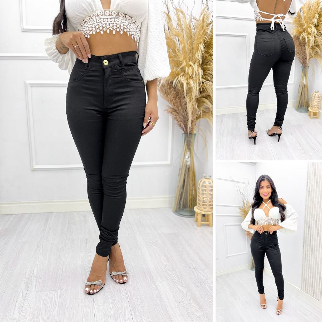 Calça jeans feminina escura com elastano modelo para uniformes e