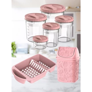 Kit 7 Peças Organizador De Alimentos Café Açucar Feijão Farinha Cesto De Lixo Para Pia Floral Multiuso 4.5L Escorredor Plástico de Louças Rosa Domestico Dias Das Mes