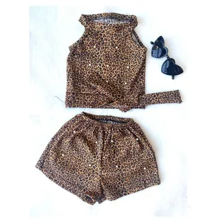 Conjunto Infantil E Juvenil Com Alça E Pérolas Regata + Short Onçinha Para Meninas Moda Fashion Regatinha Shortinho Verão Princesas Blogueirinha Bebê Moderna Shorts Onça Kids