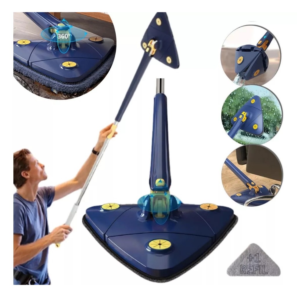 Esfregão Triangulo Mop Ajustável Giratória 360° Limpeza Banheiro Chão Janela Teto