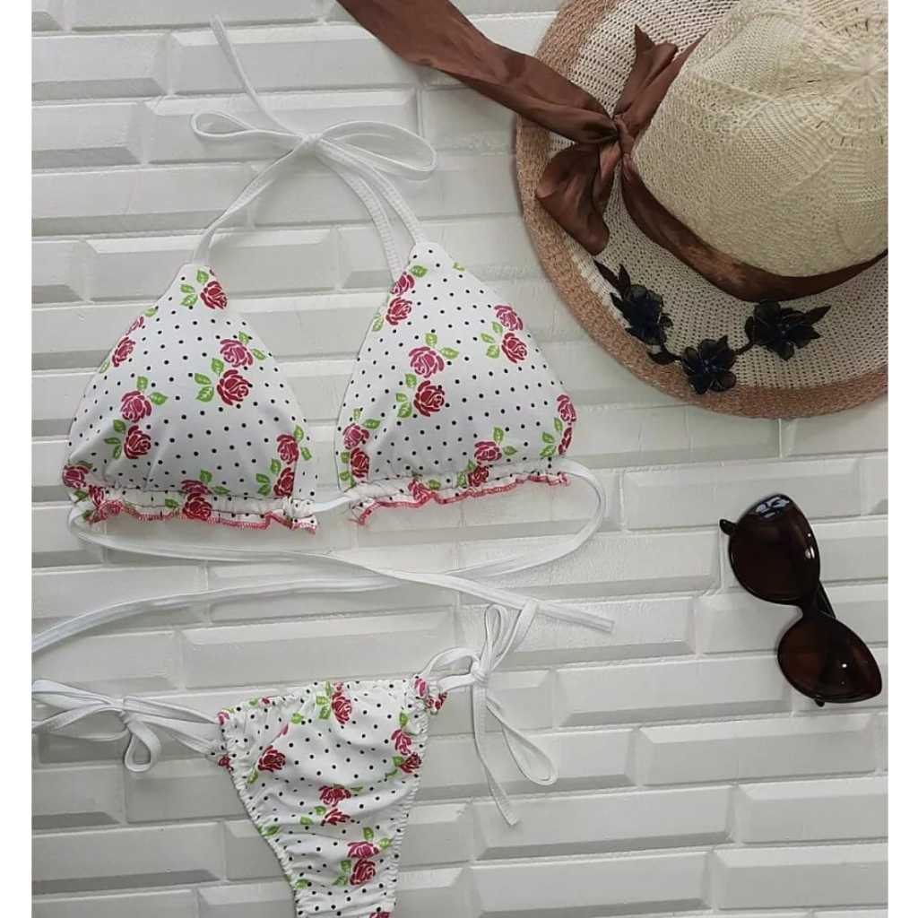 Biquíni Feminino Branco Estampado Calcinha de Amarrar Bojo Envio imediato