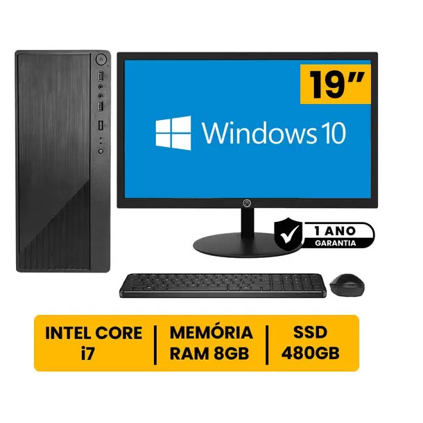 Computador Completo Intel Core I7 8gb Ssd 480gb Monitor Led 19" Hdmi C/ Windows 10 - BESTPC