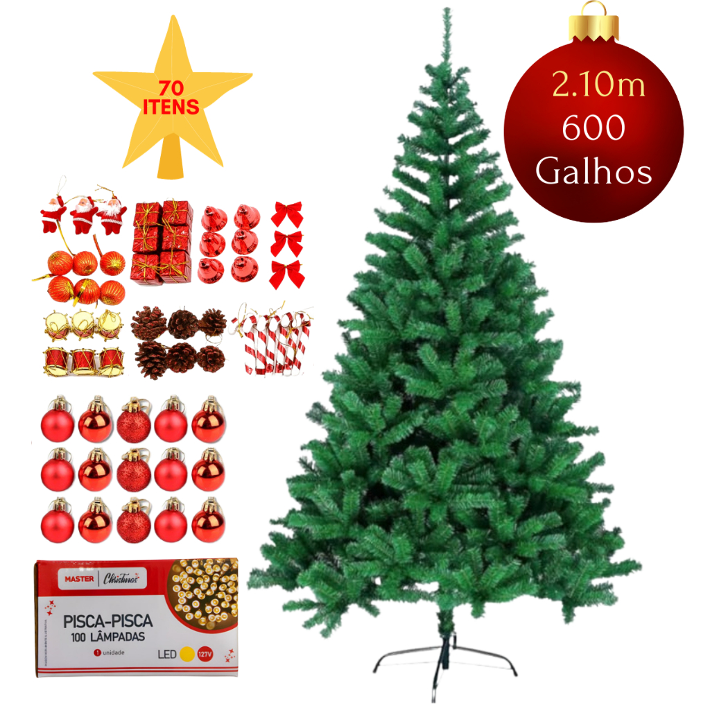 Árvore de Natal Pinheiro Premium 210cm 2,10m 600 GALHOS Pé de Ferro Metal Cheia Enfeitada Decorada Luxo Kit 70 Enfeites Vermelhos Dourados AmareloCompleta Enfeites Papai Noel Natalino