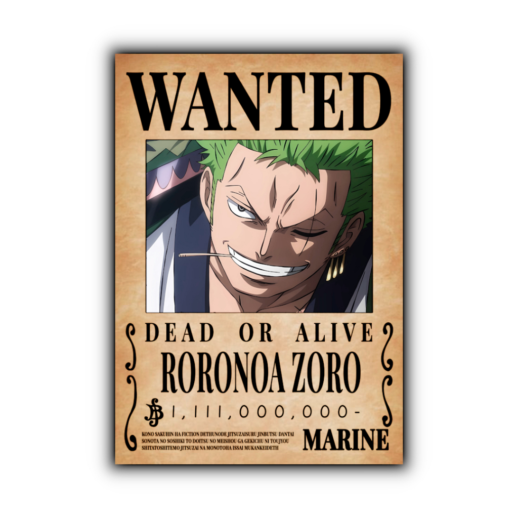 Placa Decorativa One Piece Zoro Wanted Recompensa Poster Coleção Exclusiva