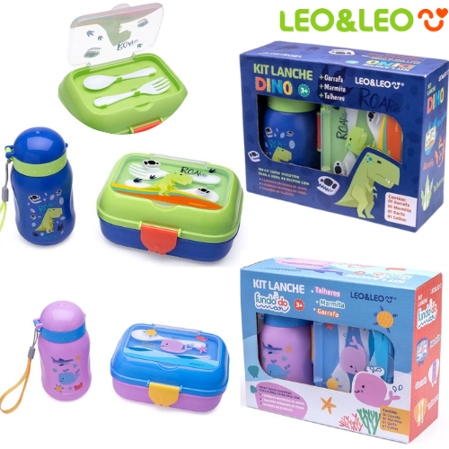 KIT LANCHE DINOSSAURO E FUNDO DO MAR GARRAFA+MARMITA+TALHERES ESCOLAR LEO E LEO