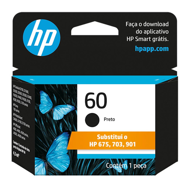 Cartucho HP 60 preto Original (CC640WB) Para HP Deskjet F4224, F4480, F4580, D1660, Photosmart D110a, C4780, ENVY D410a, Officejet 4000, 4575, 4500, 4680 CX 1 UN