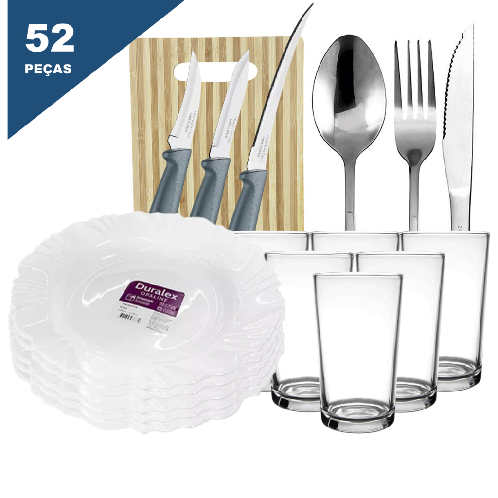 Jogo de Pratos e Copos de Vidro 12 Pçs + Jogo de Talheres Inox 36 Pçs ...