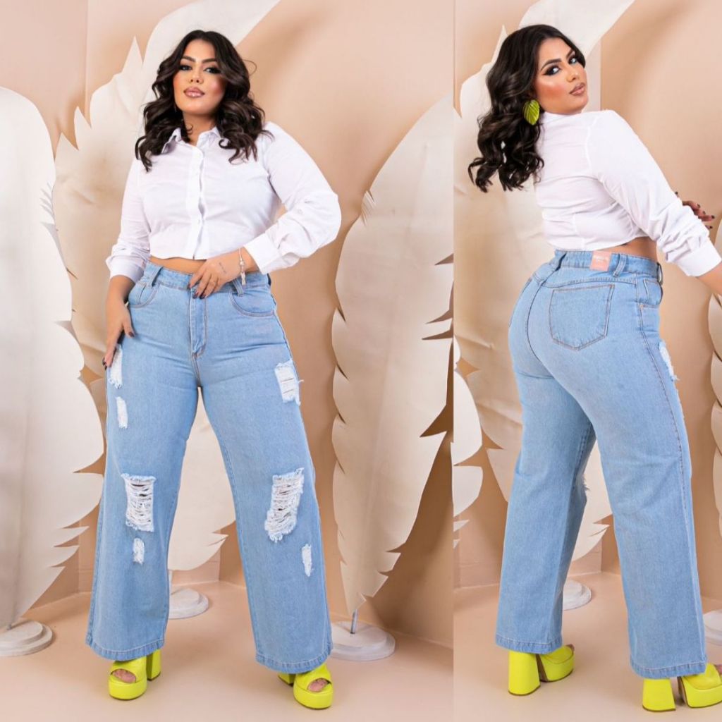 Calça Wide Leg Jeans Claro Plus Size