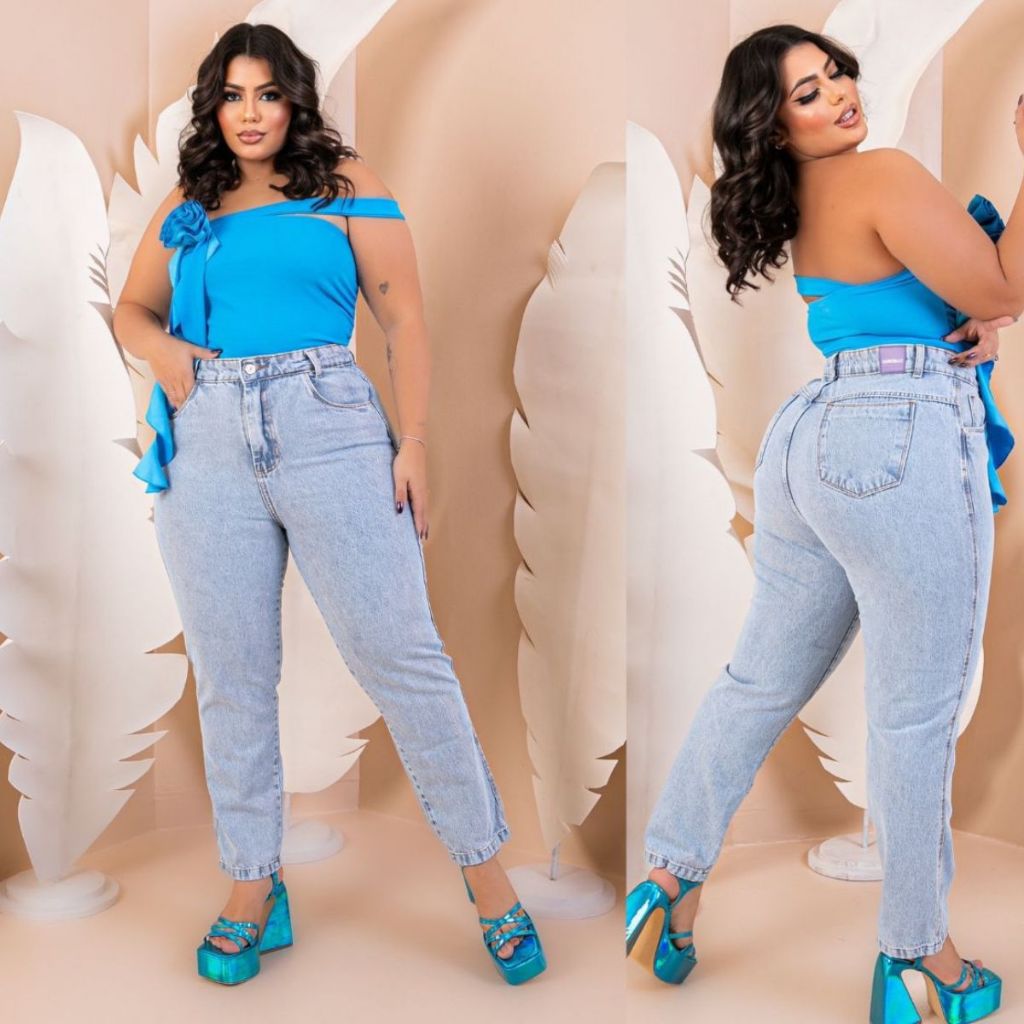 Calça Jeans Mom Feminino Plus Size Azul Claro Premium