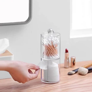 Porta Cotonete e Algodão Duplo 2 Em 1 de Acrílico Com Tampa Transparente Cosméticos Maquiagem Caixa