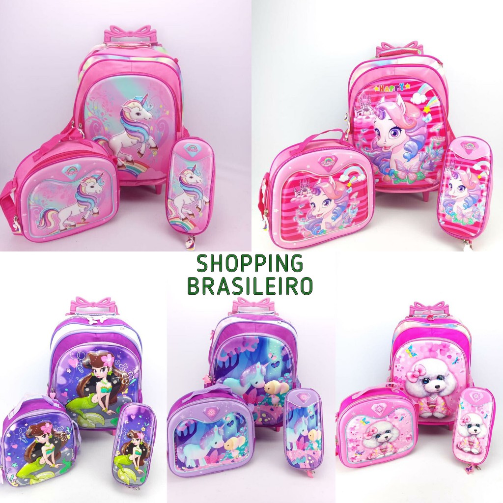 kit mochila escolar infantil de menina com rodinhas com lancheira e estojo