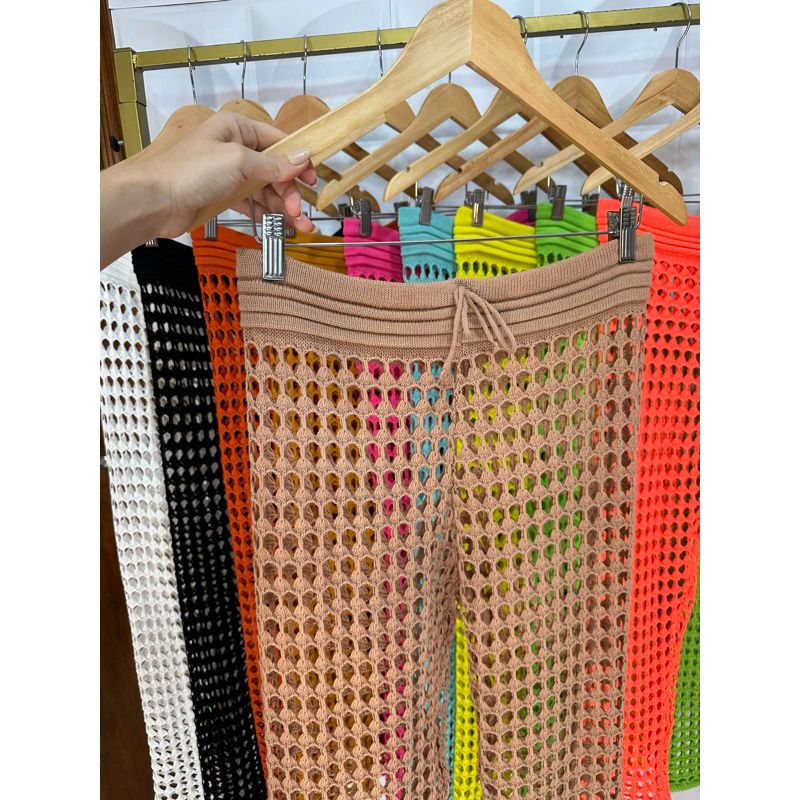 Calça Saída de Praia Tricot Linha Furadinha Rendada Tendencia Verão ...