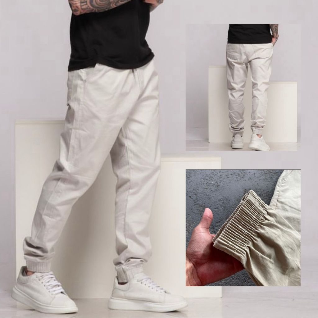 Calça Jogger Sarja Jeans Creme com Punho Elástico Cordão e Ajuste - Confortavel