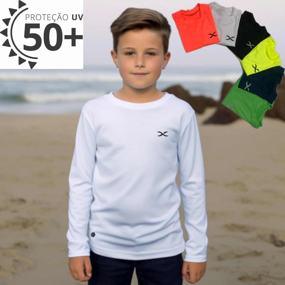 Blusa Verão segunda pele Camisa proteção praia/piscina infantil/juvenil UV 50+ Masc Menino Praia