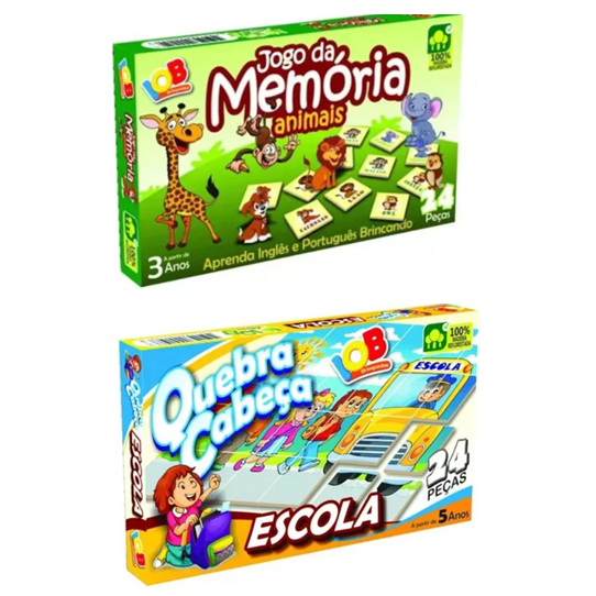 2 Jogos Educativos - Jogo da Memória Animais Inglês e Portugues 24 peças +  Quebra Cabeça Escola 24 peças IOB Brinquedos para Meninos e Meninas  Brinquedo dia das Crianças Presente de Aniversário