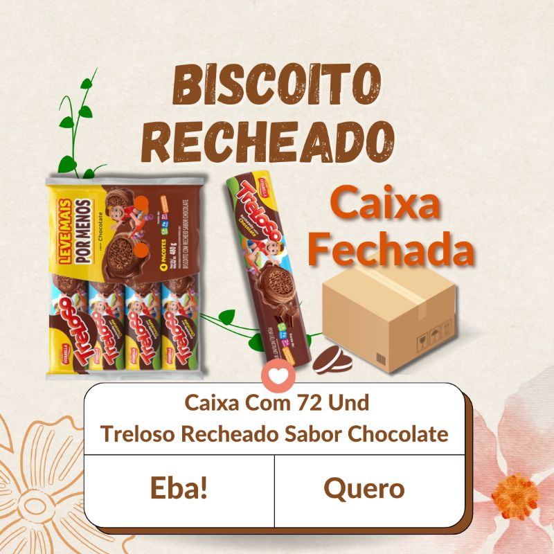 Kit Biscoito Bolacha Recheada Treloso Sabor Chocolate (72 Unidades ...