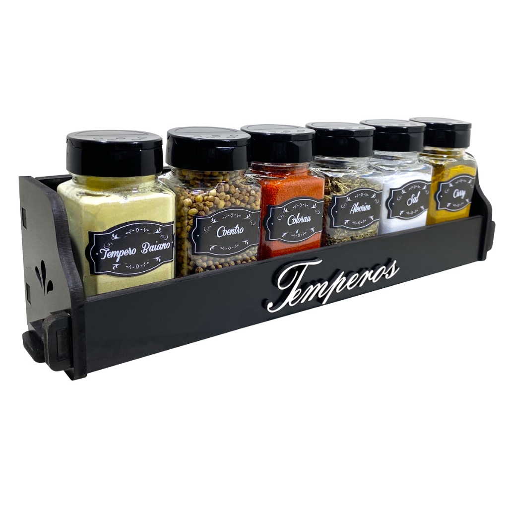 Porta Temperos kit com 06 potes Organizador Para Condimentos + ETIQUETAS