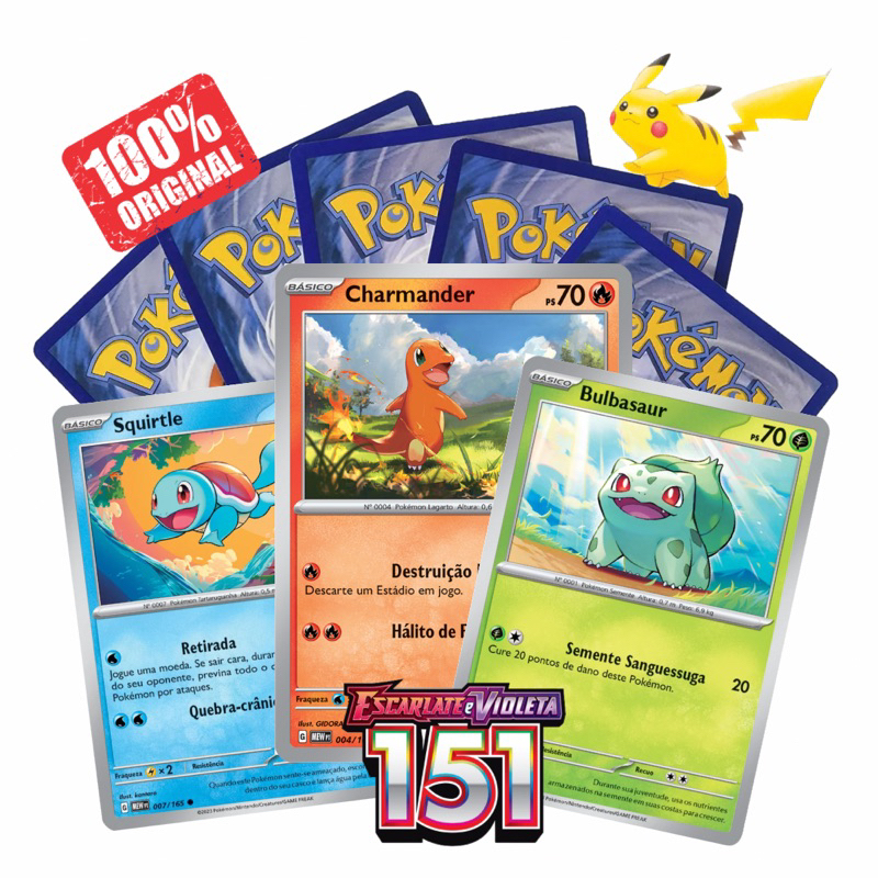 50 Cartas Pokémon 151 ORIGINAIS + 5 Brilhantes SEM REPETIÇÃO