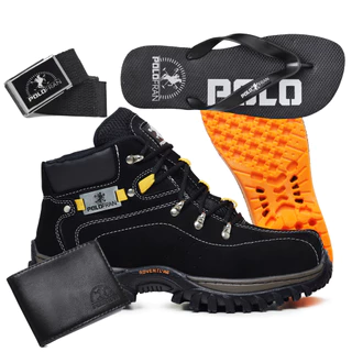 Kit Bota Adventure Preta Coturno Botina em Couro + Chinelo Carteira Cinto Palmilha