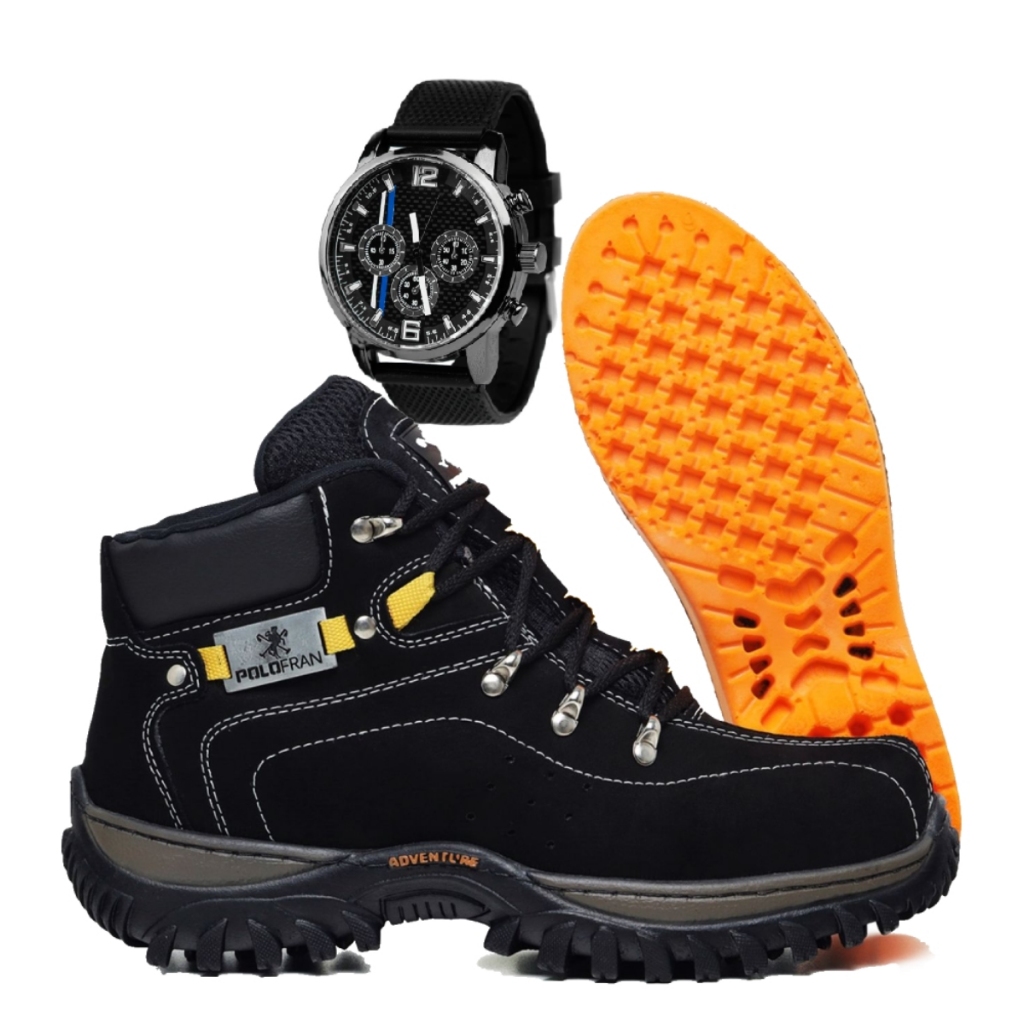 Kit Bota Preta Adventure Botina Polo Fran Masculina + Palmilha gel + Relógio