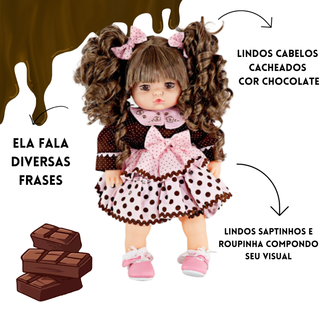 Boneca Bebê Falante Anjo Cachos Castanhos 50cm com 30 Frases - Ri Happy