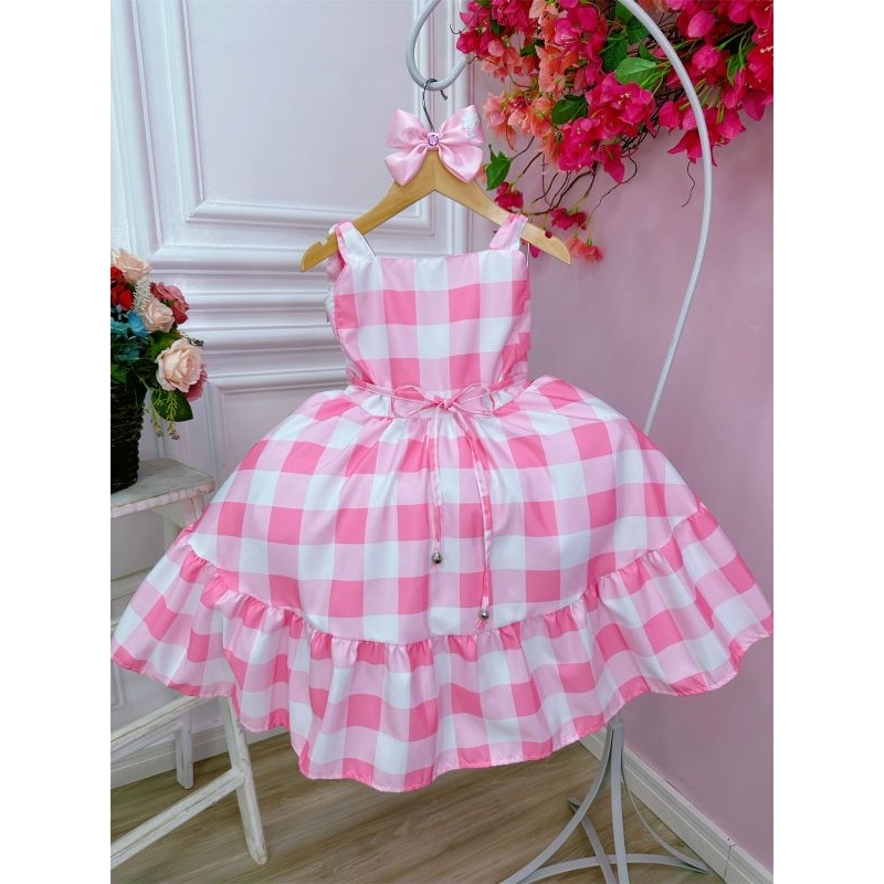 Vestido Infantil Barbie Rosa Xadrez Filme Aniversário Temático