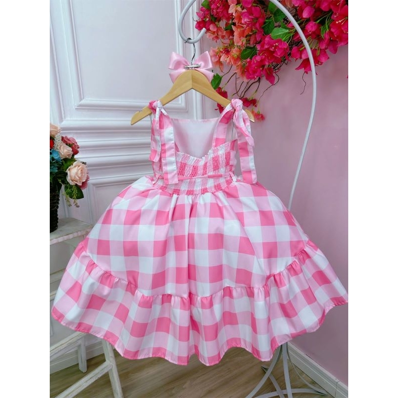 Vestido Barbie Filme xadrez branco e rosa com laço festa infantil  aniversário temático