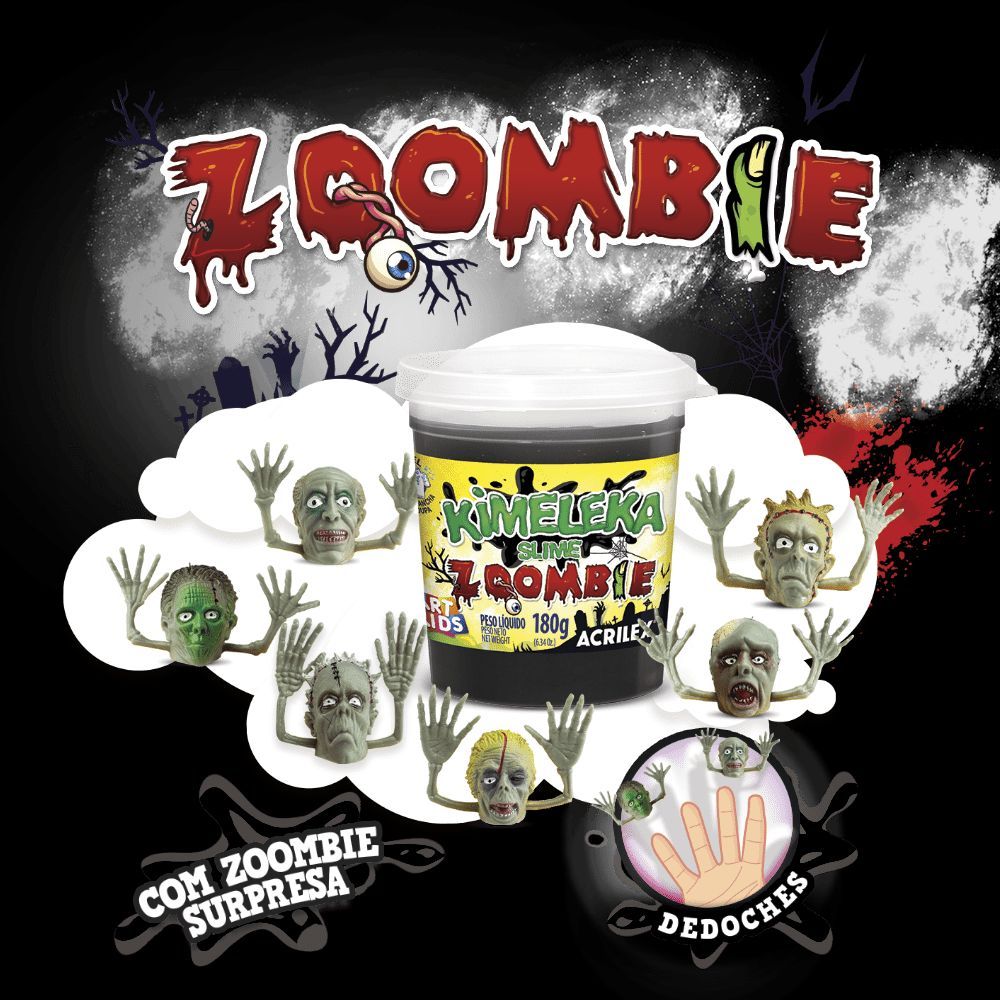 Slime Preto Kimeleka Zoombie Acrilex180g - Boneco Dedoche Surpresa
