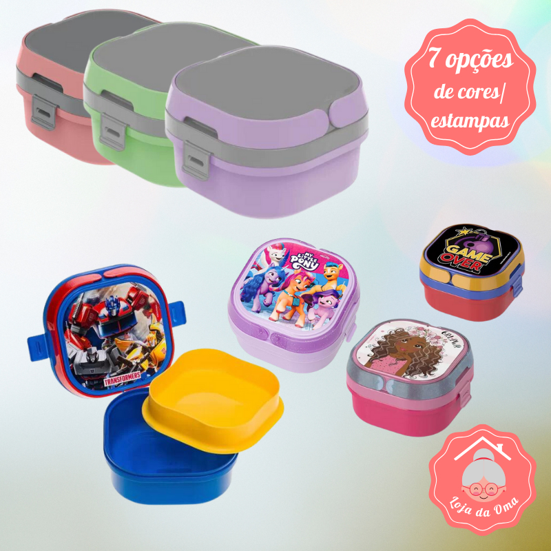 Lancheira - Marmita com 2 Compartimentos, Divisórias, Travas e Alças Infantil Plasvale - My Little Pony - Transformers - Gamer - Boneca / lancheira / marmitinha/ potinho infantil