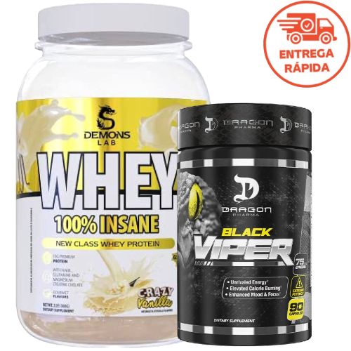 COMBO DE SUPLEMENTOS WHEY 100% INSANE 900G DEMONS LAB + BLACK VIPER 90 CAPS DRAGON PHARMA