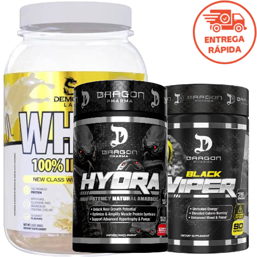 KIT PROTEÍNA CONCENTRADA WHEY 100% INSANE 900G DEMONS LAB + PRO HORMONAL HYDRA 120 CAPS + TERMOGÊNICO BLACK VIPER 90 CAPS DRAGON PHARMA