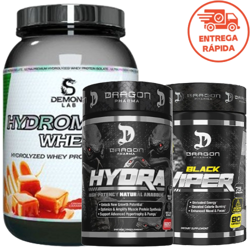 KIT/COMBO DEFINIÇÃO MUSCULAR: WHEY HIDROLISADO 900G HYDROMORPH DEMONS LAB + PRÓ HORMONAL HYDRA DRAGON + TERMOGÊNICO BLACK VIPER DRAGON PHARMA