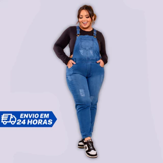 Jardineira Jeans Longa Feminina Plus Size Curve Com Elastano Premium
