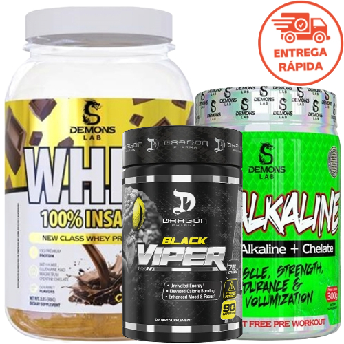 COMBO DE SUPLEMENTOS PROTEÍNA CONCENTRADA WHEY 100% INSANE + CREATINA PURA CREALKALINE 300G DEMONS LAB + TERMOGÊNICO BLACK VIPER 90 CAPS DRAGON PHARMA