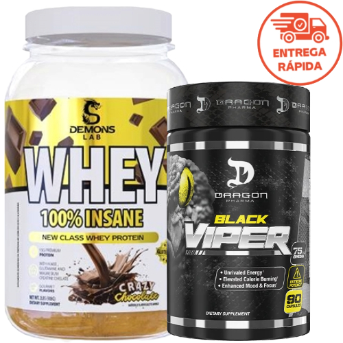 KIT WHEY CONCENTRADO 100% INSANE 900G DEMONS LAB + TERMOGÊNICO BLACK VIPER 90 CAPS DRAGON PHARMA