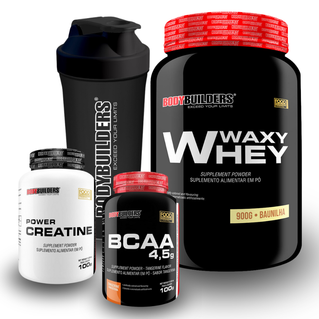 Kit Whey Protein Waxy Whey Pote 900g, Power Creatina 100g, BCAA 4,5g 100g, Coqueteleira – Bodybuilders Kit para musculação