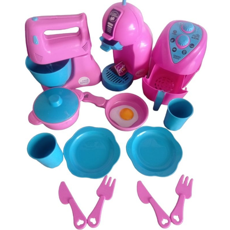 Kit Cozinha Infantil Com Fogão + Airfryer + Jogo De Jantar C/ Copos,  Pratinhos, Panelinhas De Brinquedo Fogãozinho Cooktop Comidinha